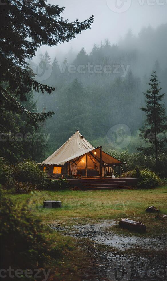 Glamping retreat nestled amidst lush forest a peaceful sanctuary in nature's embrace experience tranquility photo
