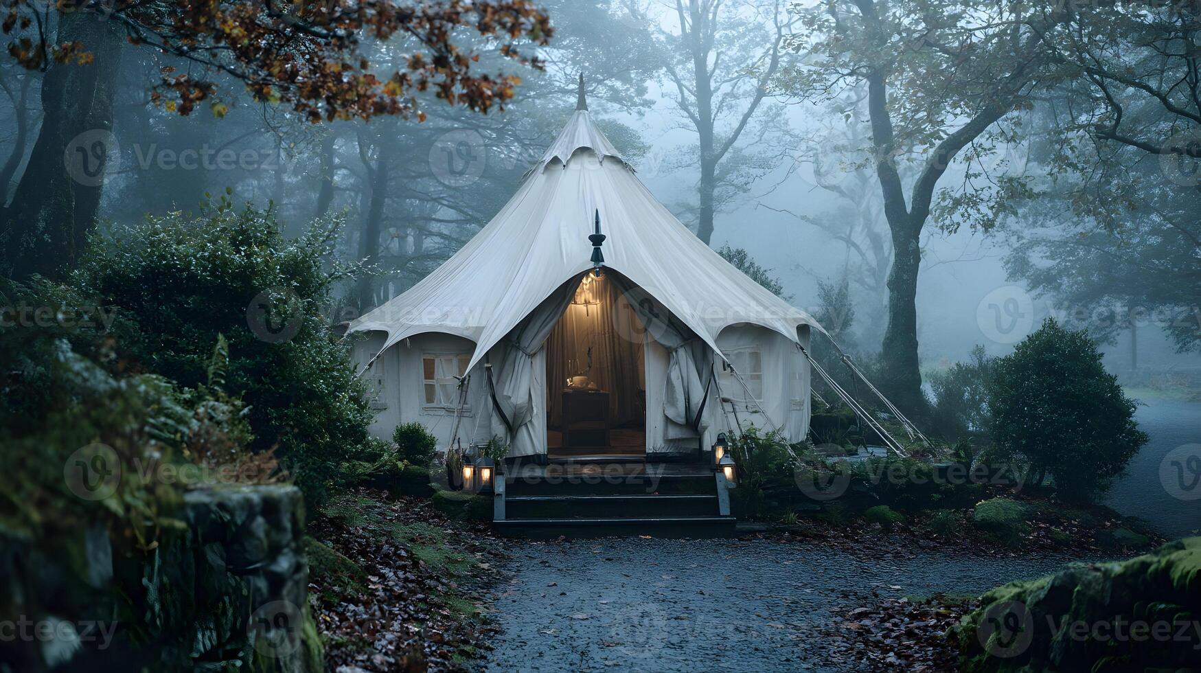 Luxury tent nestled amidst the serene embrace of a misty forest offering a cozy retreat photo