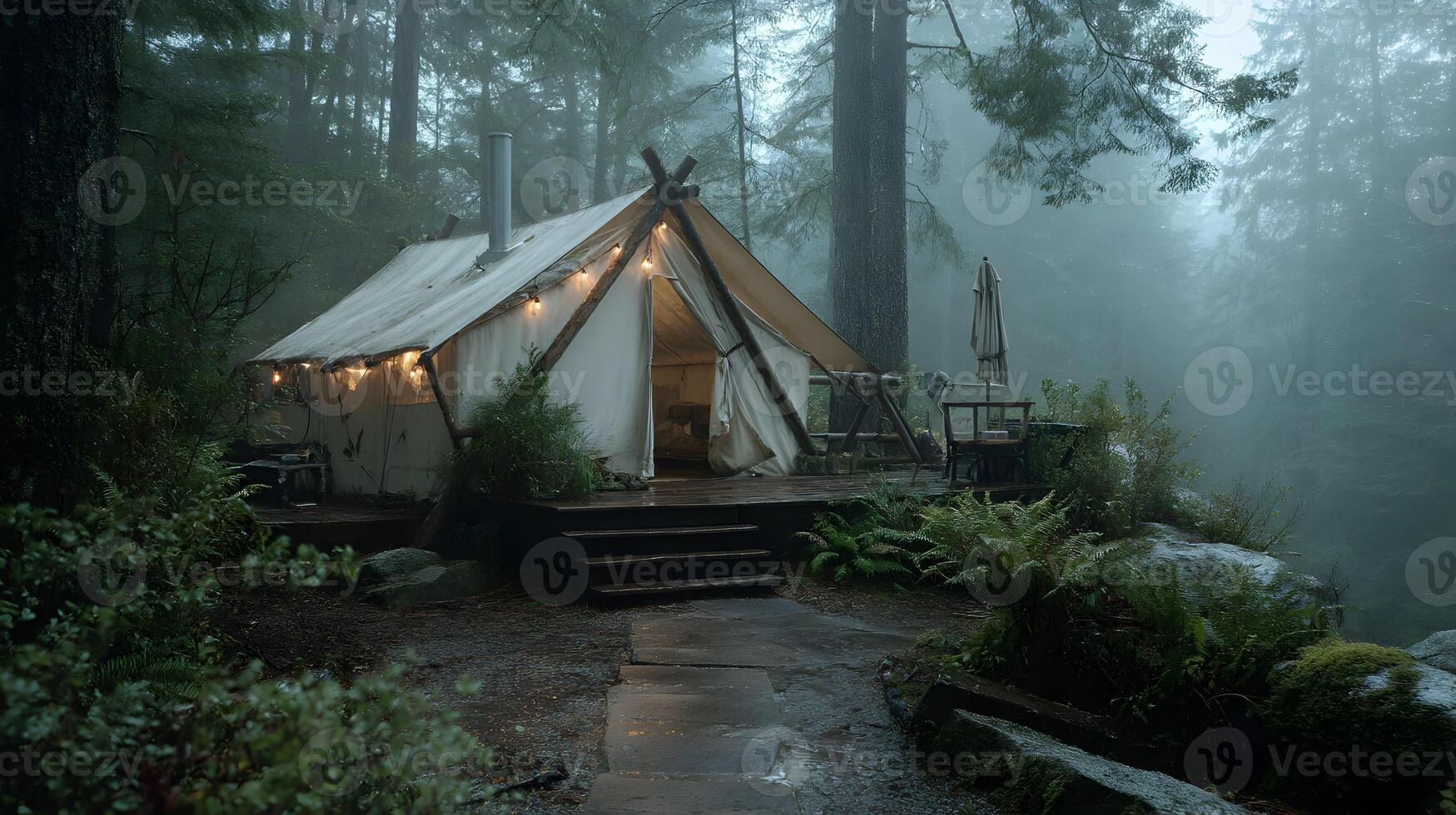 Cozy glamping experience in a misty forest with a tent illuminated by soft string lights photo