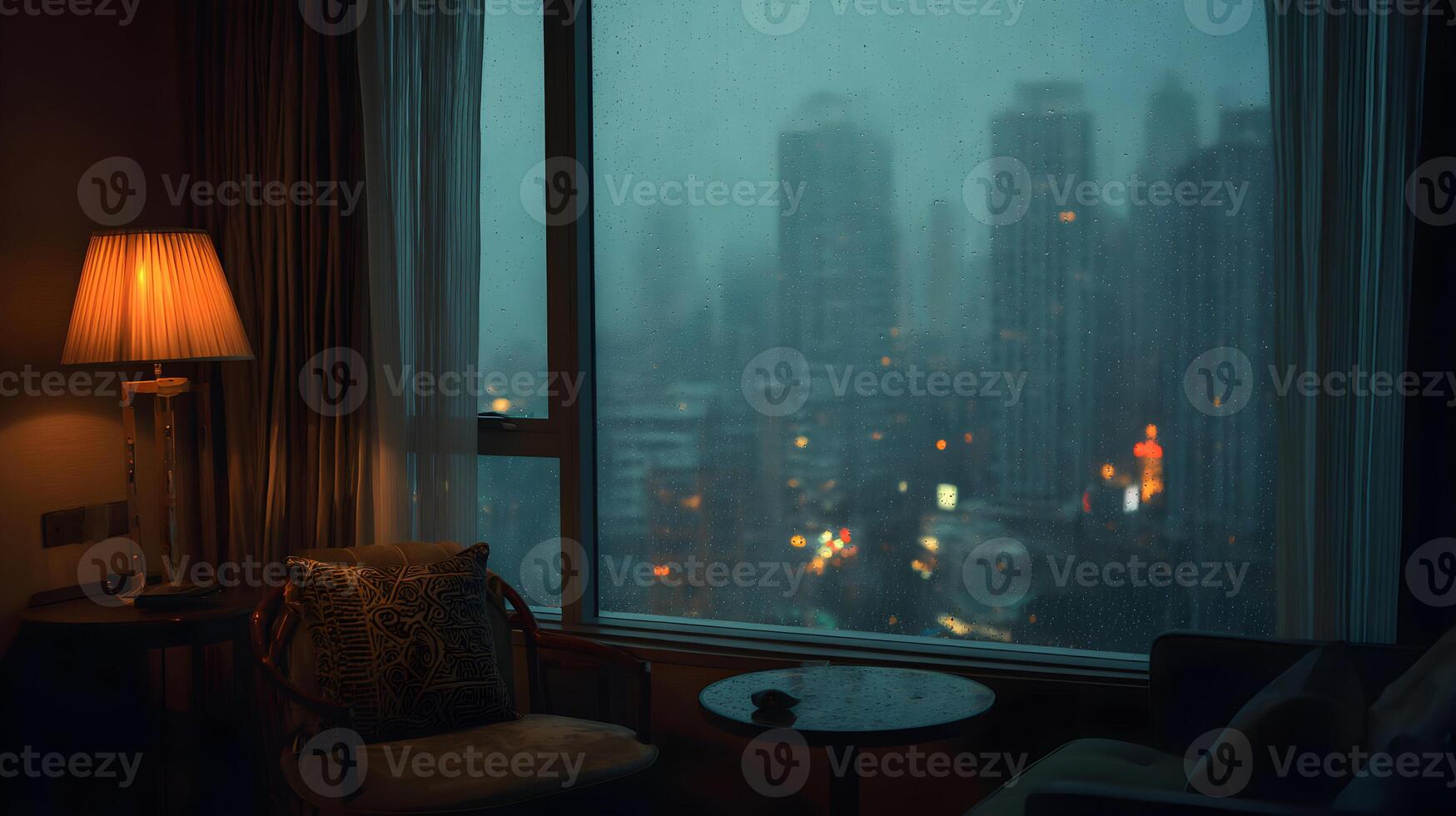 Cozy indoor scene with a warm lamp illuminating a room overlooking a rainy city skyline view photo
