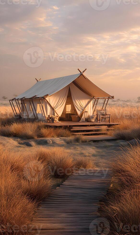 Serene canvas tent nestled in a sunlit field evokes a sense of adventure and peaceful escape travel destination photo
