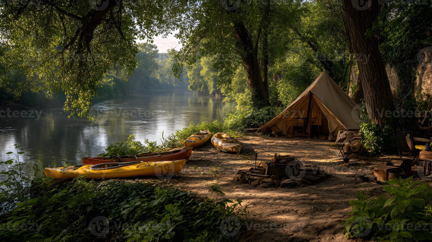 Riverside camping retreat with a tent and kayaks basking in the morning light scenery photo