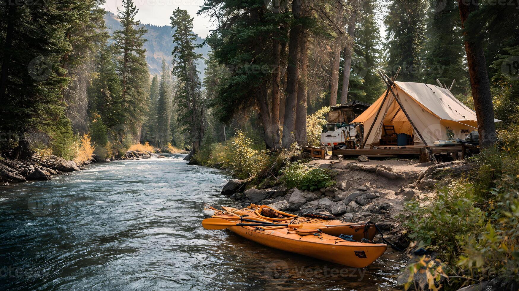 Peaceful riverside camping in lush forest a serene getaway with kayak adventures and tranquil nature photo
