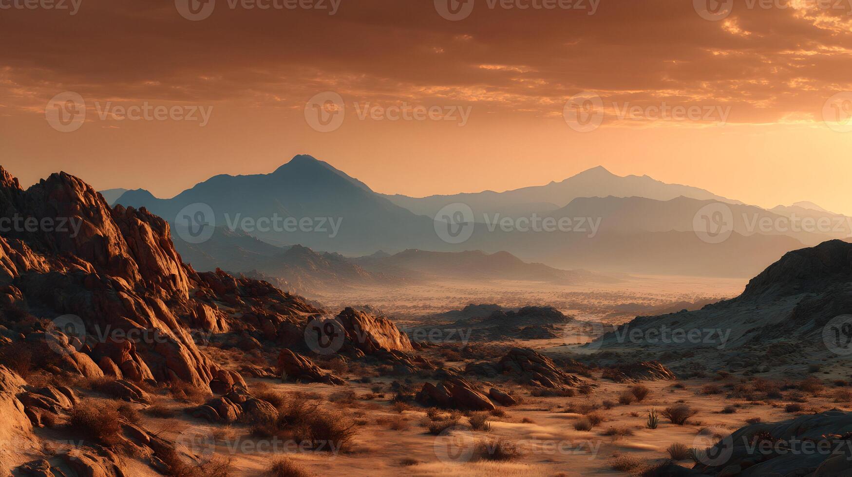 Desert mountain landscape at sunset painting with soft colors and serene atmosphere captures nature's beauty photo