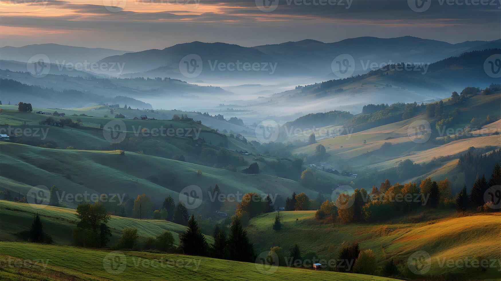 Serene mountain landscape with rolling hills and mystical fog at sunrise under a soft sky photo
