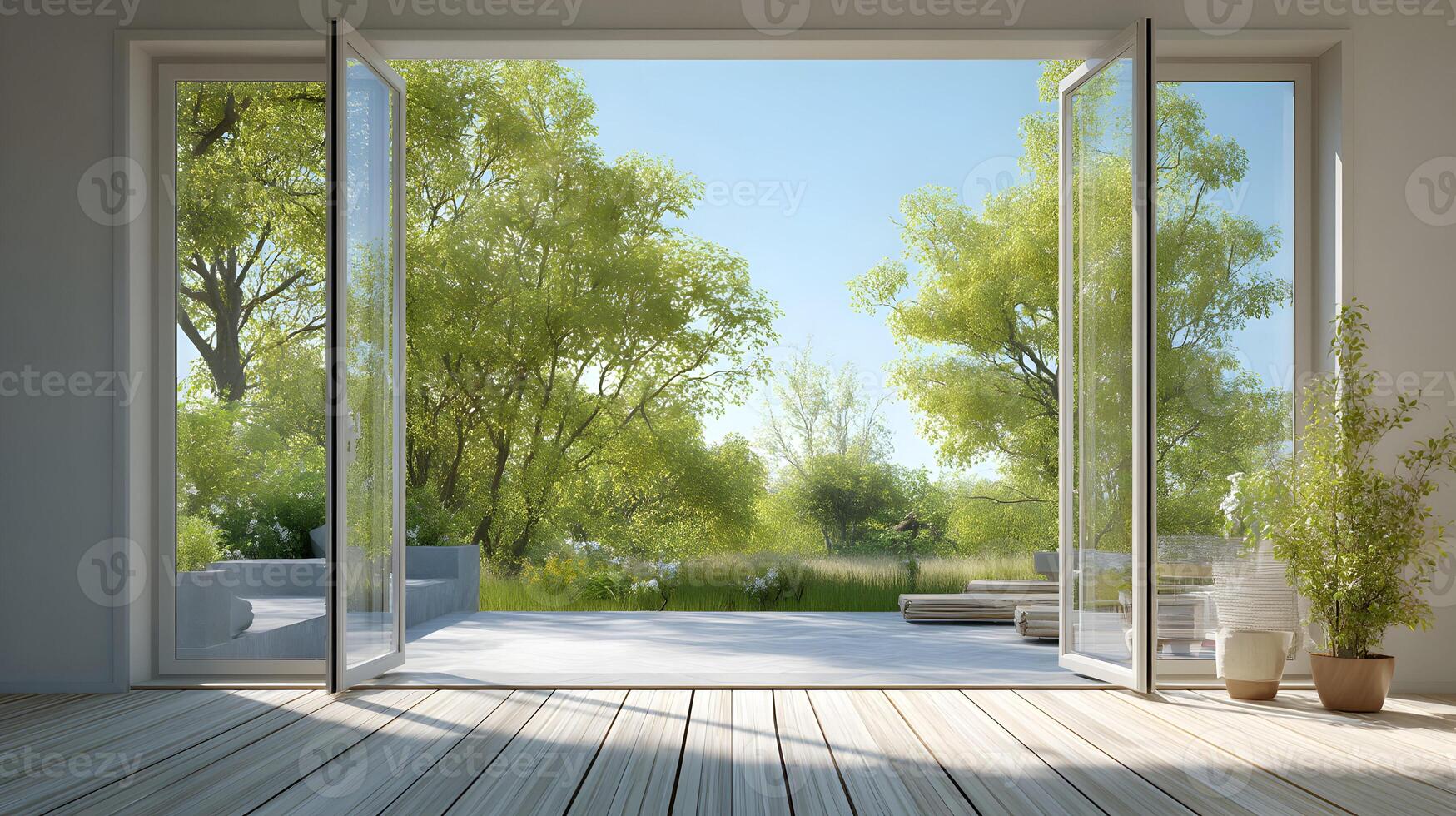 Open doors reveal a serene outdoor scene with lush greenery and a calming blue sky backdrop photo