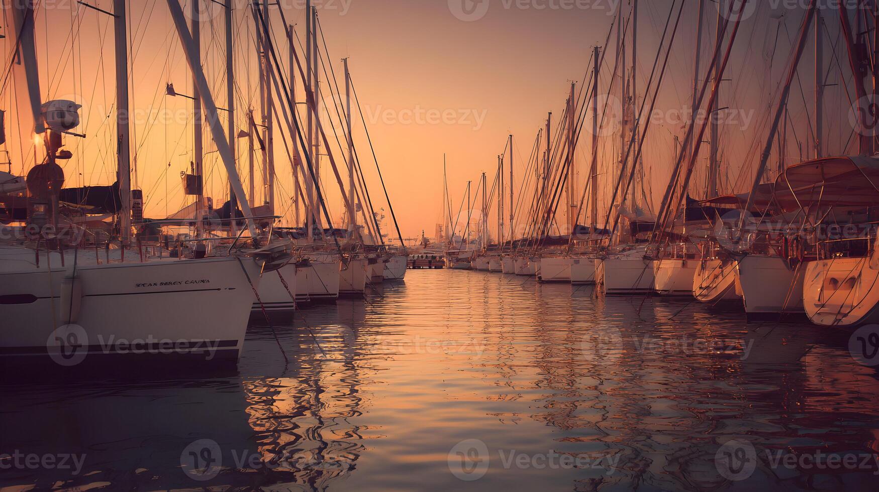 Golden hour at the marina shows moored sailboats casting reflections on the tranquil water surface photo