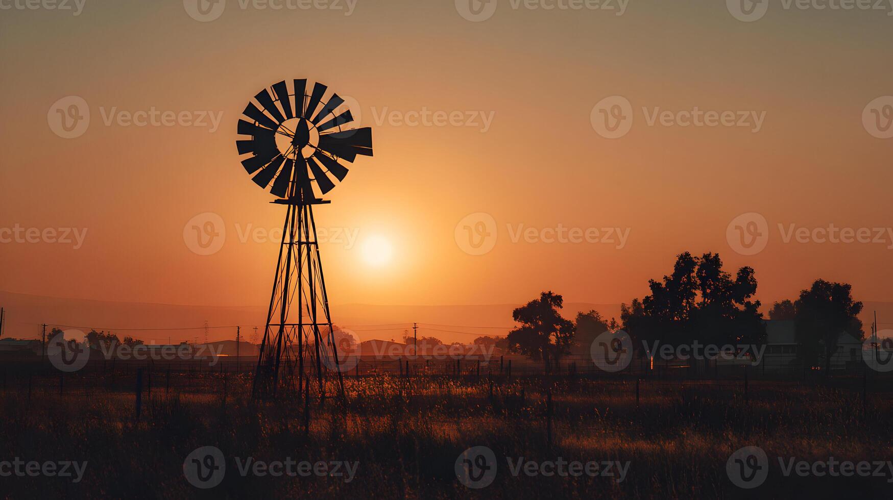 Windmill silhouetted against a vibrant sunset in a rural setting providing a scenic landscape view photo