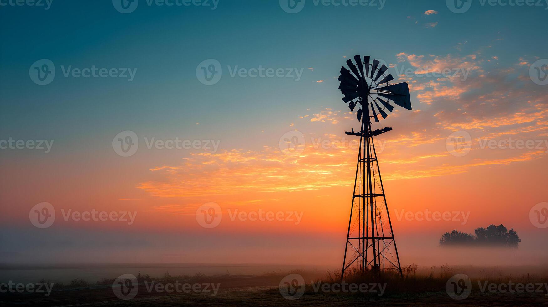 Silhouette of a vintage windmill against a vibrant sunrise sky with morning fog rolling in photo
