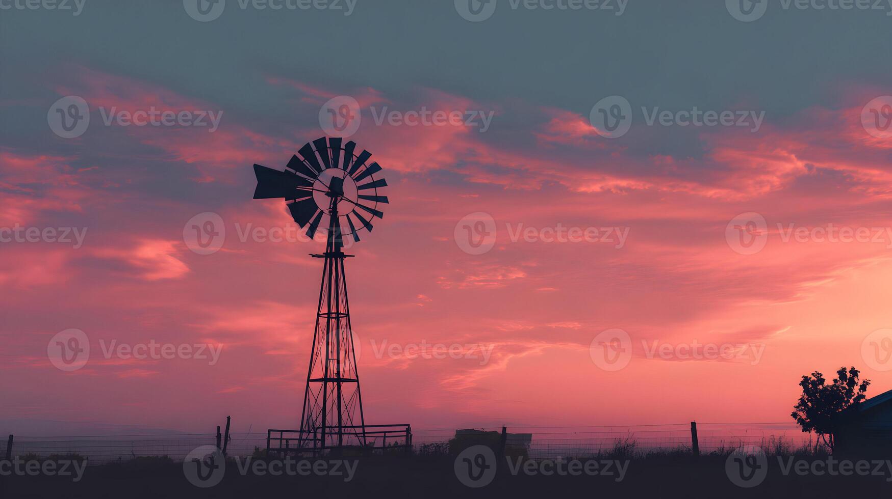 Silhouette of a windmill against a vibrant sunset sky with streaks of pink and purple hues photo