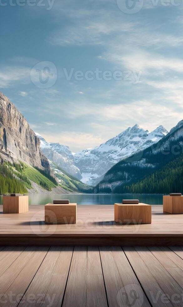 Scenic mountain lake backdrop with wooden platform showcasing minimalist podiums for product presentation photo