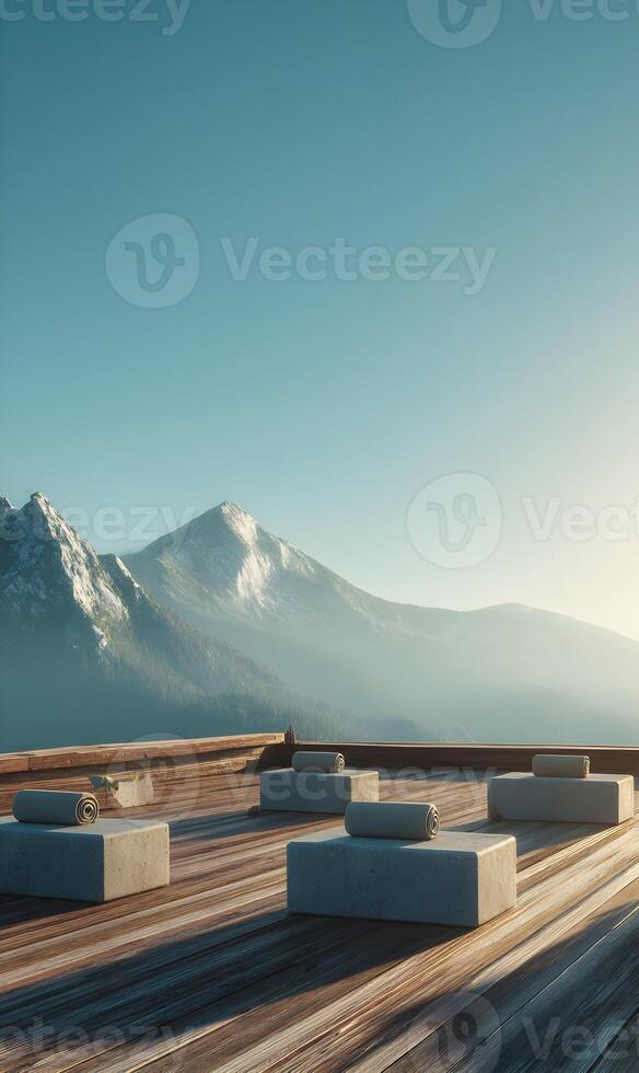 Serene meditation platform amidst majestic mountains evoking tranquility and mindful connection with nature's splendor photo