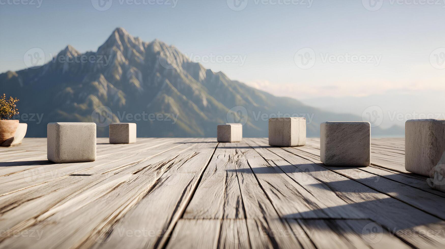 Serene mountain vista with wooden platform and stone cubes for product placement and mockups photo