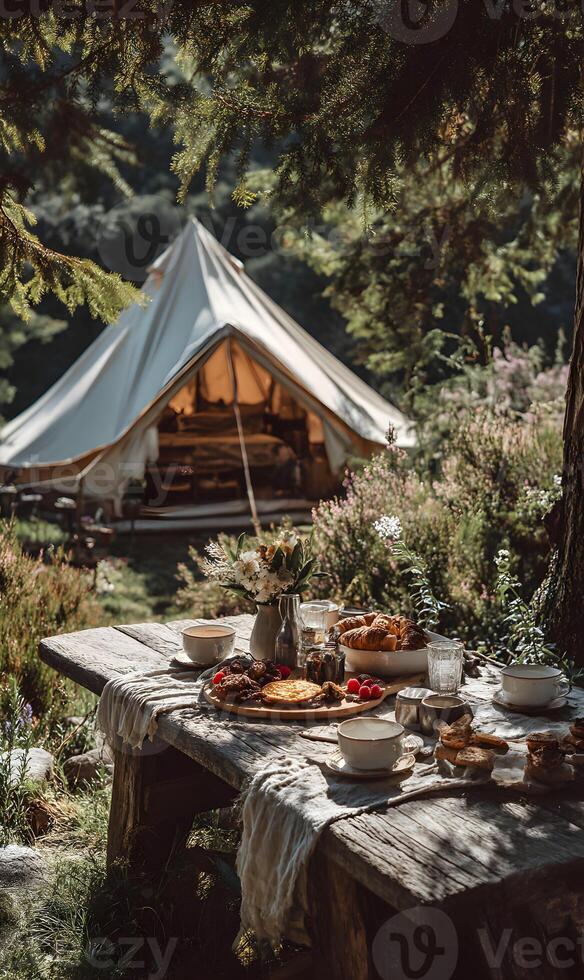 Peaceful glamping experience with a table set for breakfast and a tent nestled in the woods retreat photo