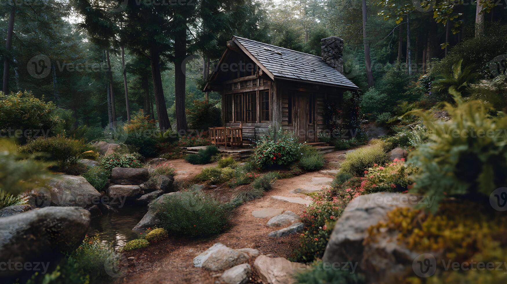 Secluded rustic cabin nestled in a lush green forest surrounded by nature and foliage photo