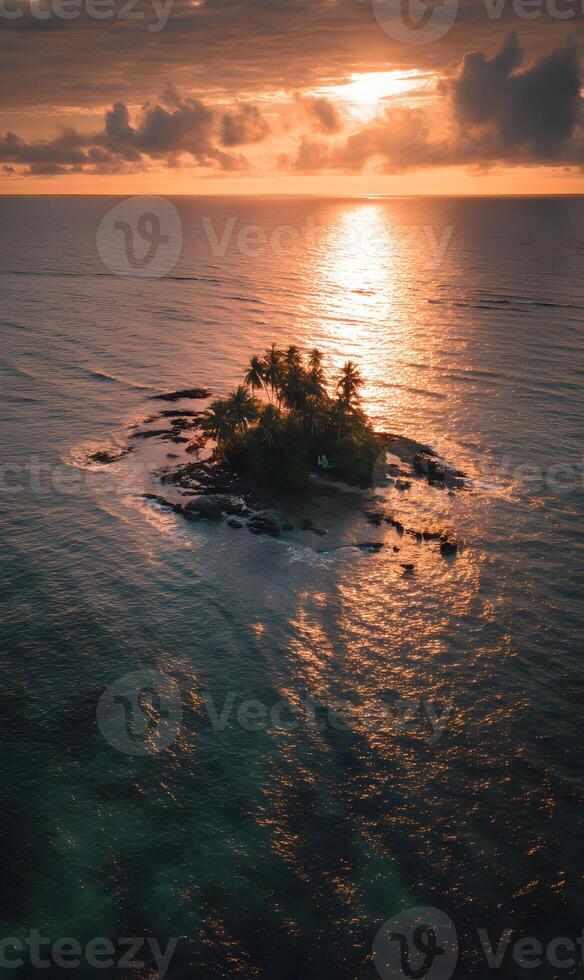 Dramatic sunset over a small tropical island with palm trees surrounded by vast ocean water photo