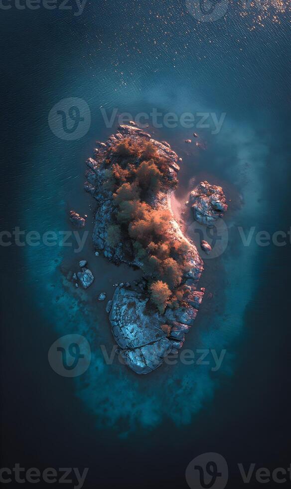 Aerial view of a small island with trees surrounded by dark blue water creating a scenic beauty photo