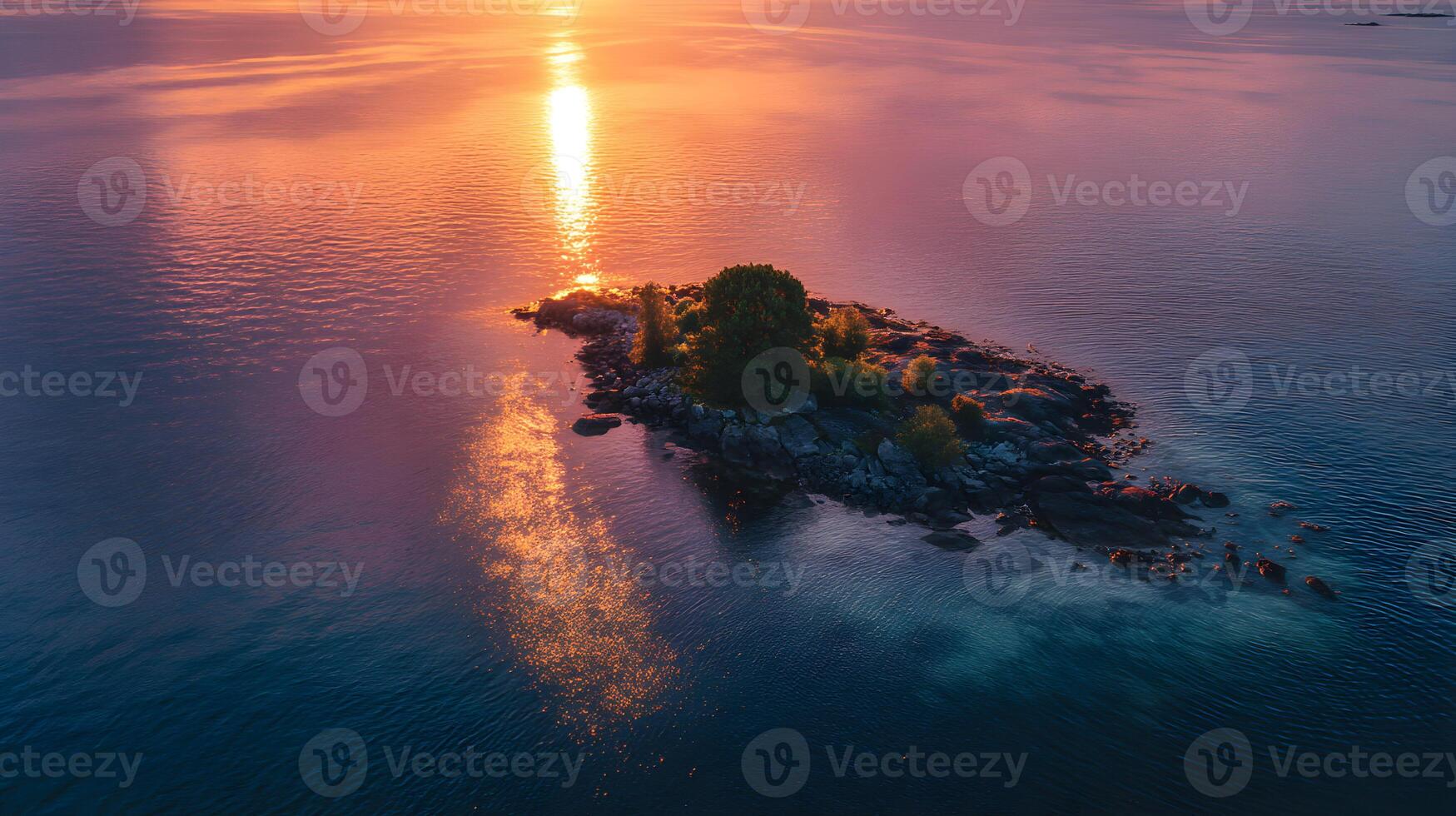 Serene island vista at sunset reflecting sunlight on water surface with rocky shore and foliage photo