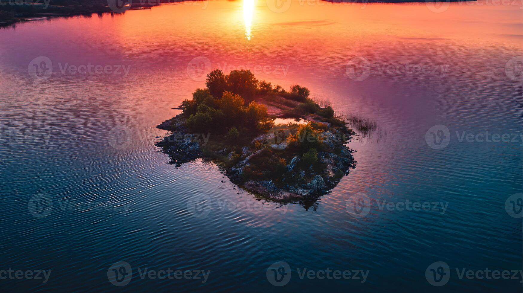 An isolated island with lush trees sits in a serene lake reflecting the vibrant sunset colors photo