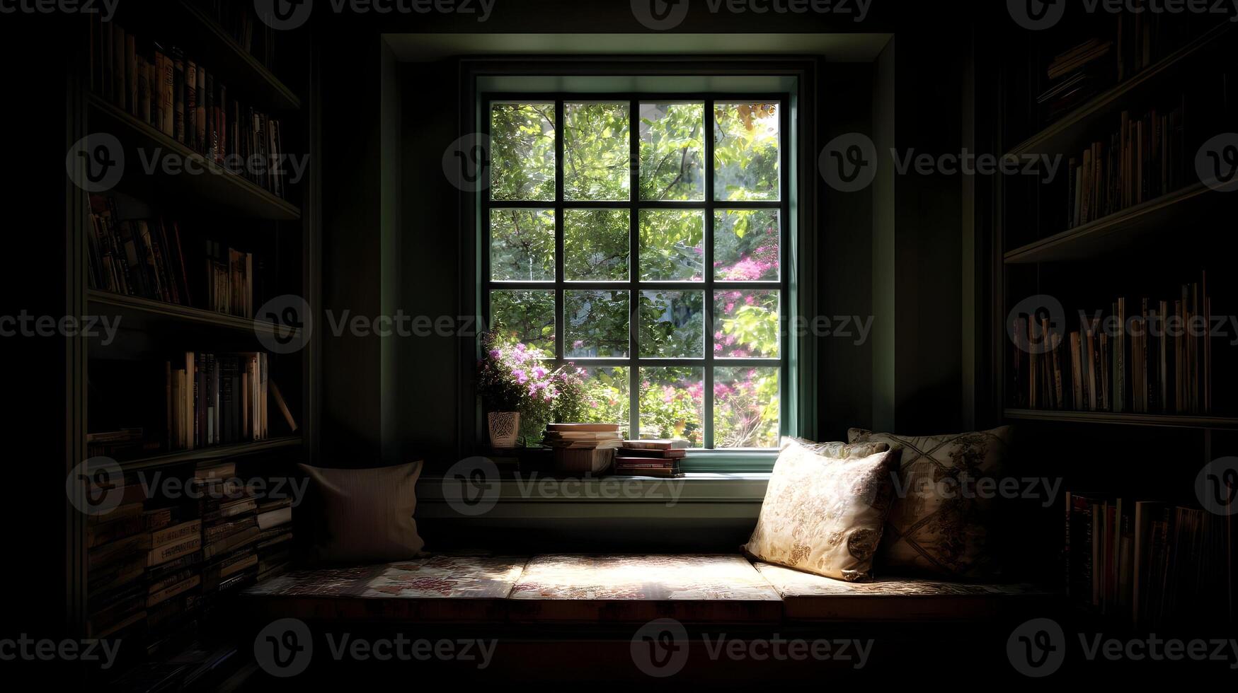 A cozy reading nook with a window view, filled with sunlight and surrounded by books photo