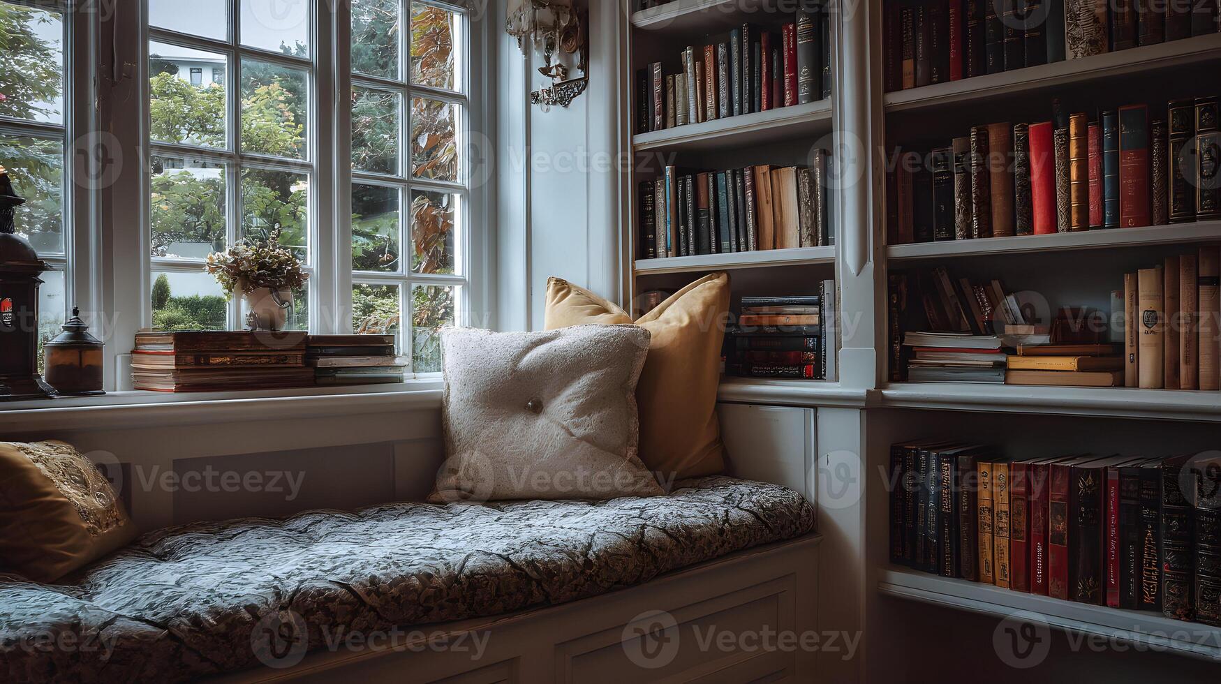 Cozy reading nook with window seat and bookshelf inviting a quiet moment of contemplation and literature photo