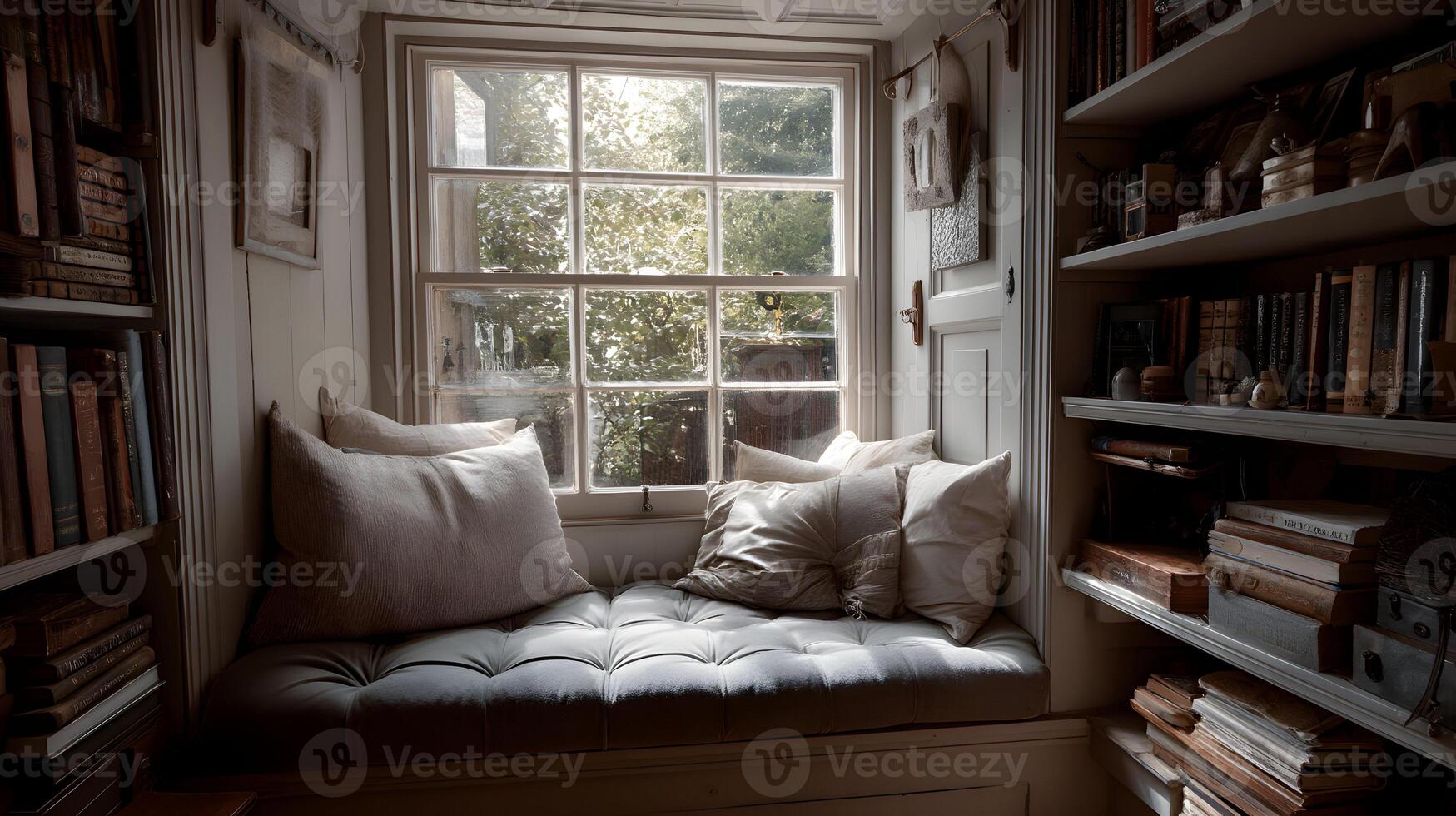 Serene reading nook featuring a cozy window seat with cushions and a charming bookshelf filled with books photo
