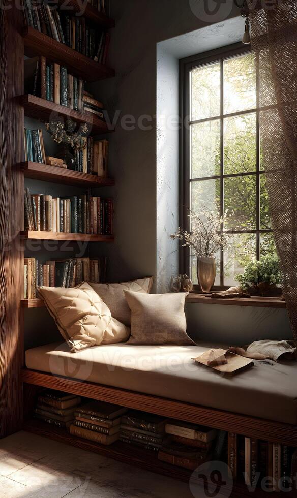 A Cozy Reading Nook Bathed in Sunlight Inviting Serenity and Literary Escape Near Window Bookshelves photo