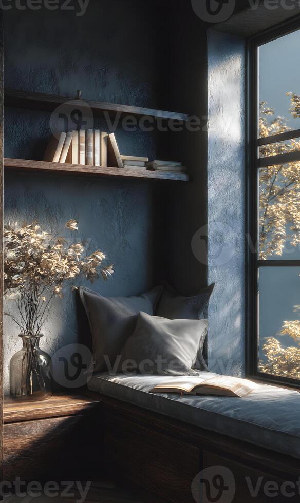 Cozy reading nook bathed in soft light a tranquil window seat invites relaxation and escape with nature photo