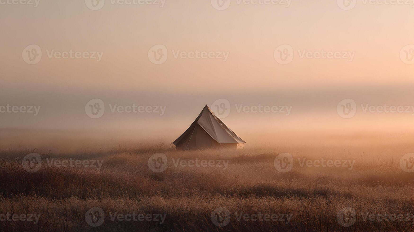 Tranquil Glamping Escape Tent Embraced by a Mystical Fog in a Serene Meadow Landscape photo