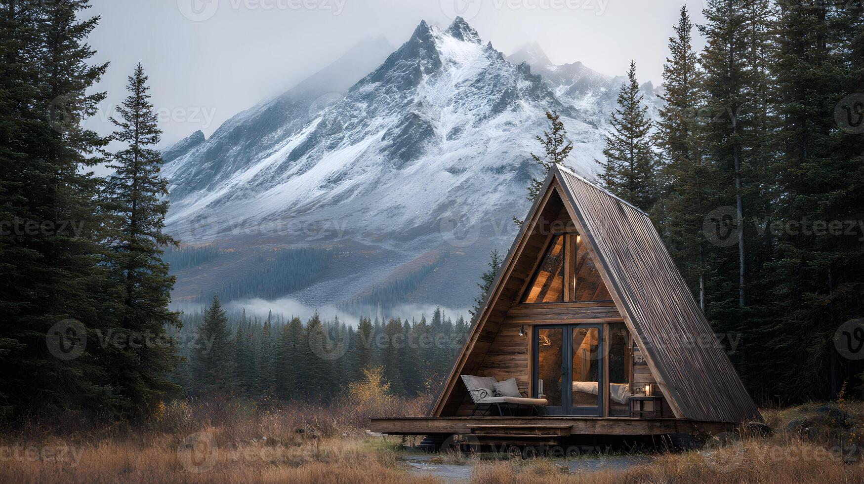 A frame cabin nestled in a serene landscape with snowy mountain backdrop and lush trees photo