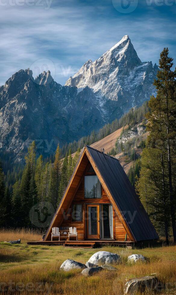 A frame cabin retreat nestled in a valley surrounded by majestic mountains and lush forest views photo
