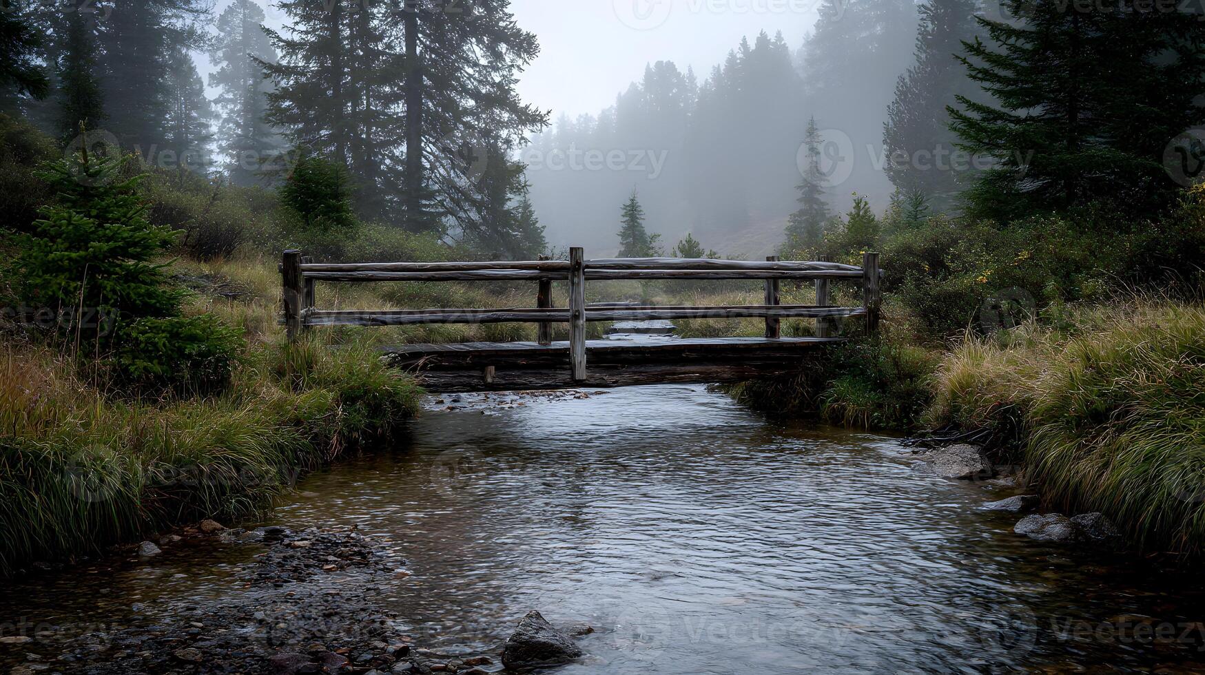 Mystical morning landscape with a bridge over a stream amidst trees and fog creating serenity photo