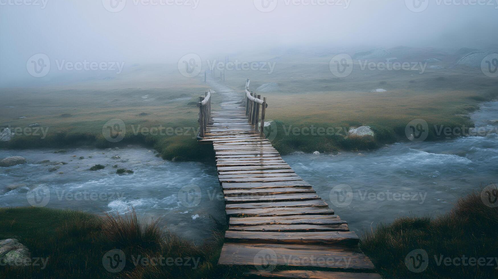 Mystical bridge crossing a river through a landscape shrouded in mist and fog serenity photo