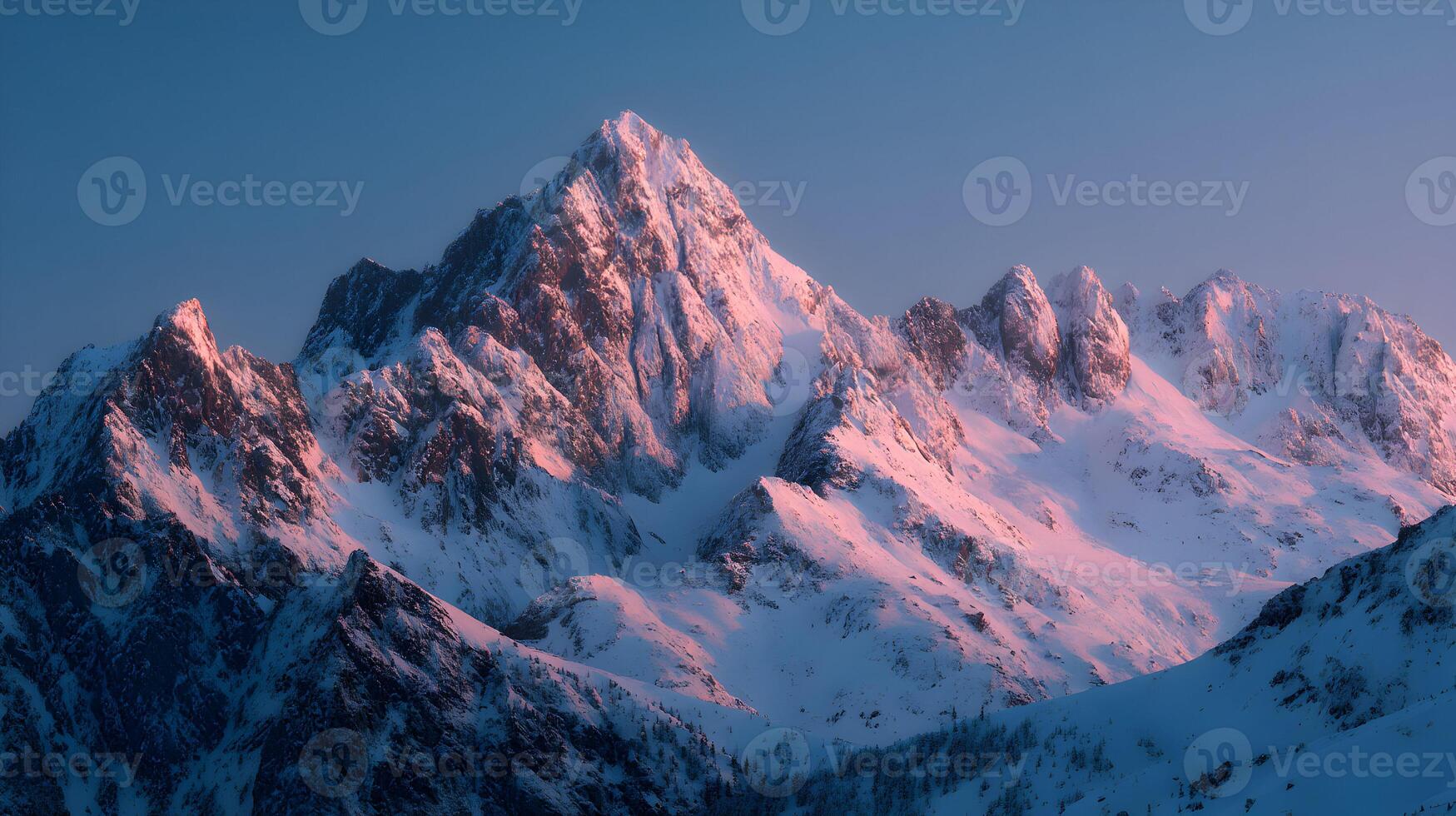 Majestic snow capped mountain peak under a clear blue sky bathed in warm sunlight beauty photo