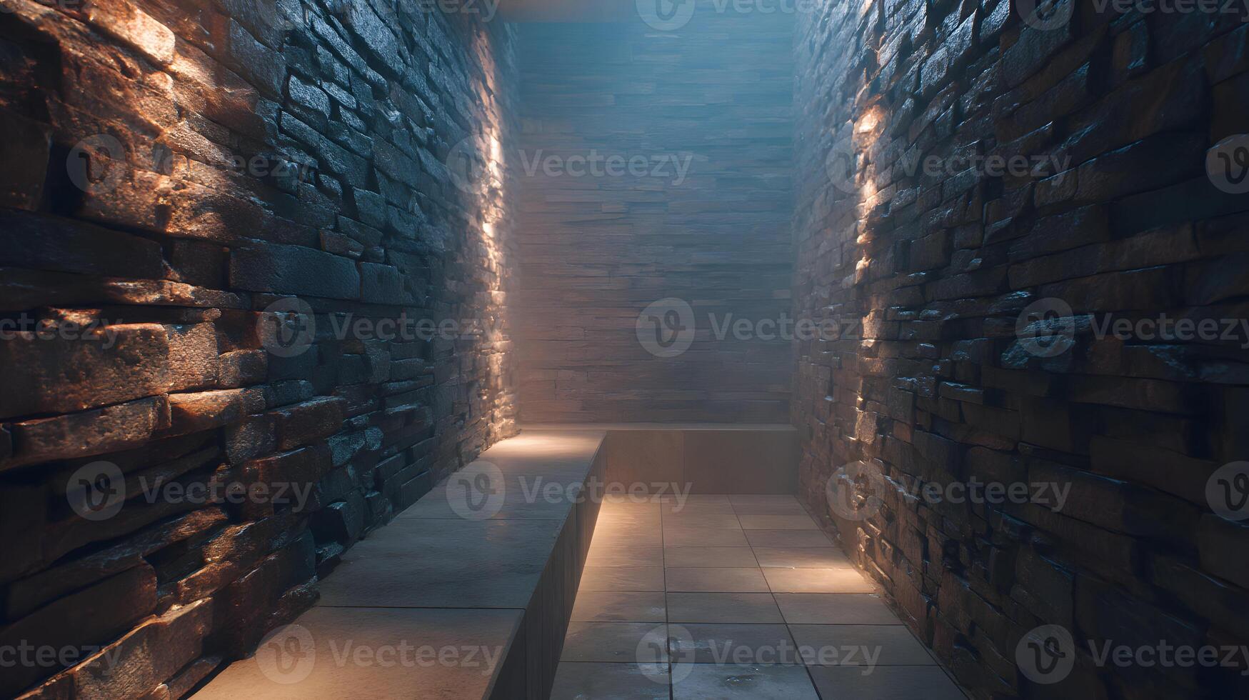 Illuminated stone walls and concrete path in a dimly lit and relaxing modern spa room photo