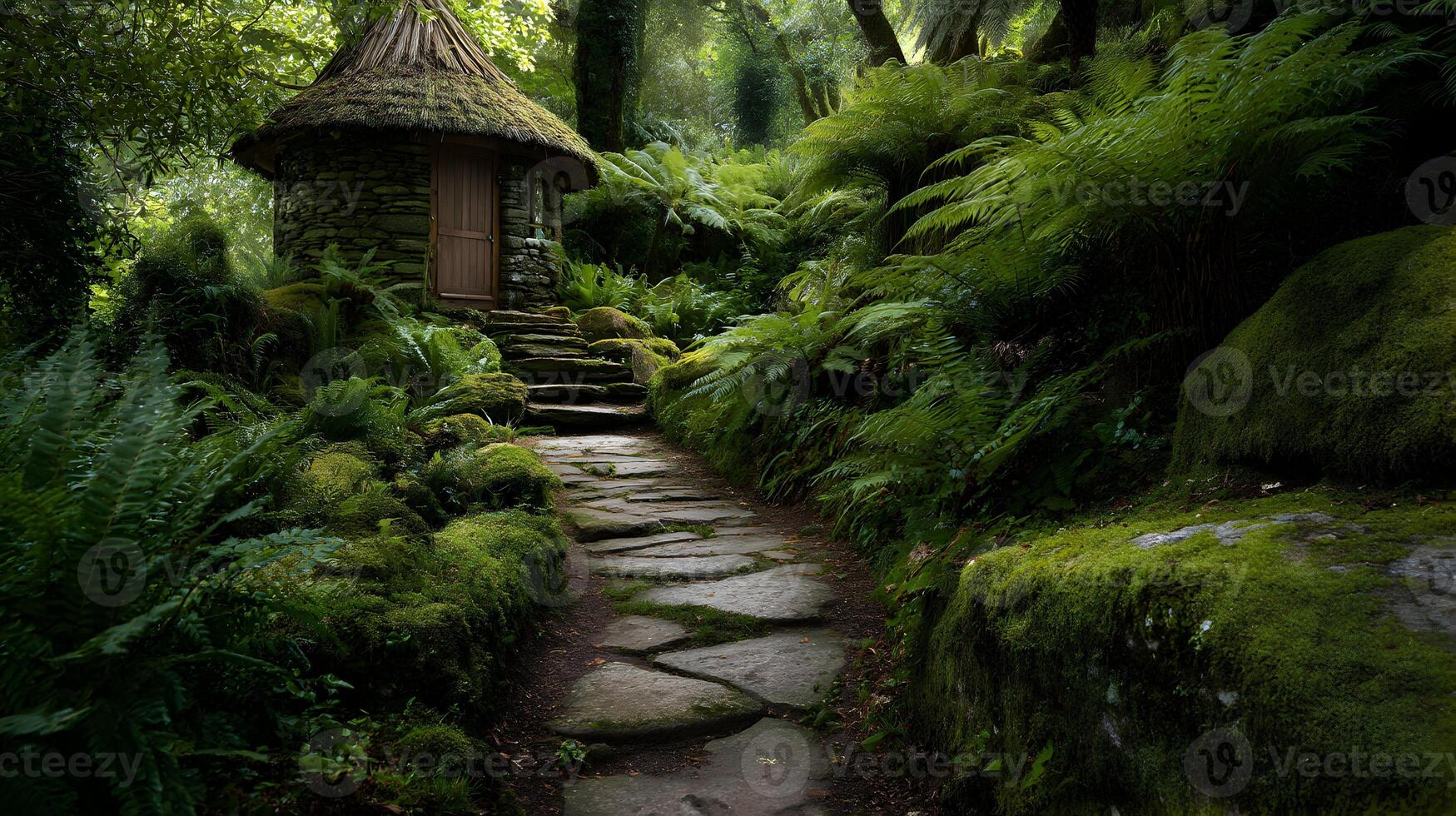 Mystical garden path leading to a quaint cottage surrounded by lush green foliage photo