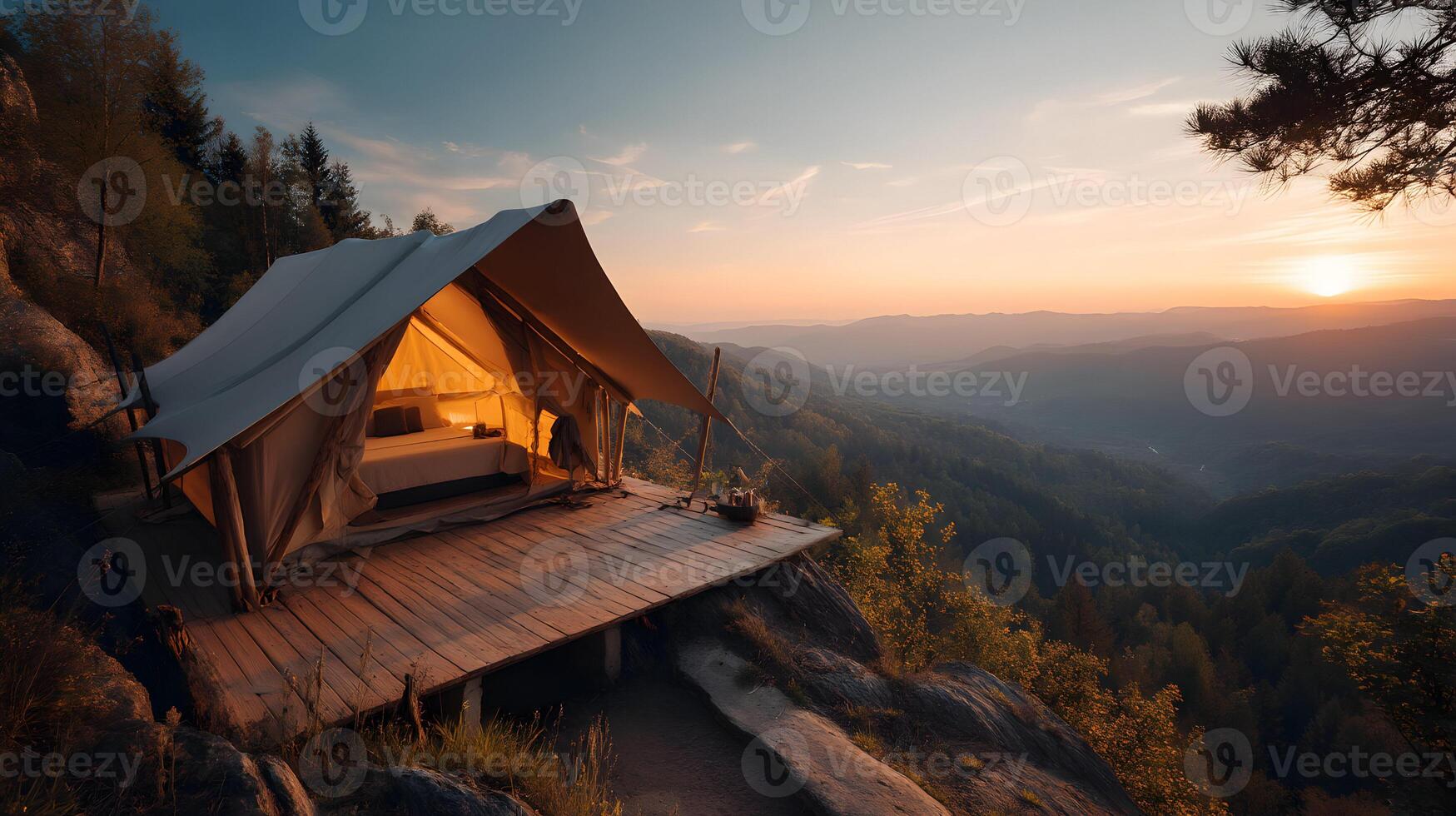 Glamping in style picturesque tent on a mountaintop at sunset offering an unforgettable adventure photo