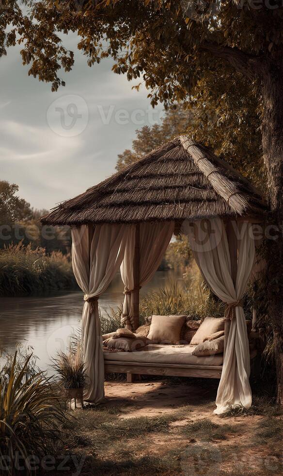 Tranquil riverside retreat a thatched gazebo offers serene comfort amidst lush natural beauty and flowing water photo