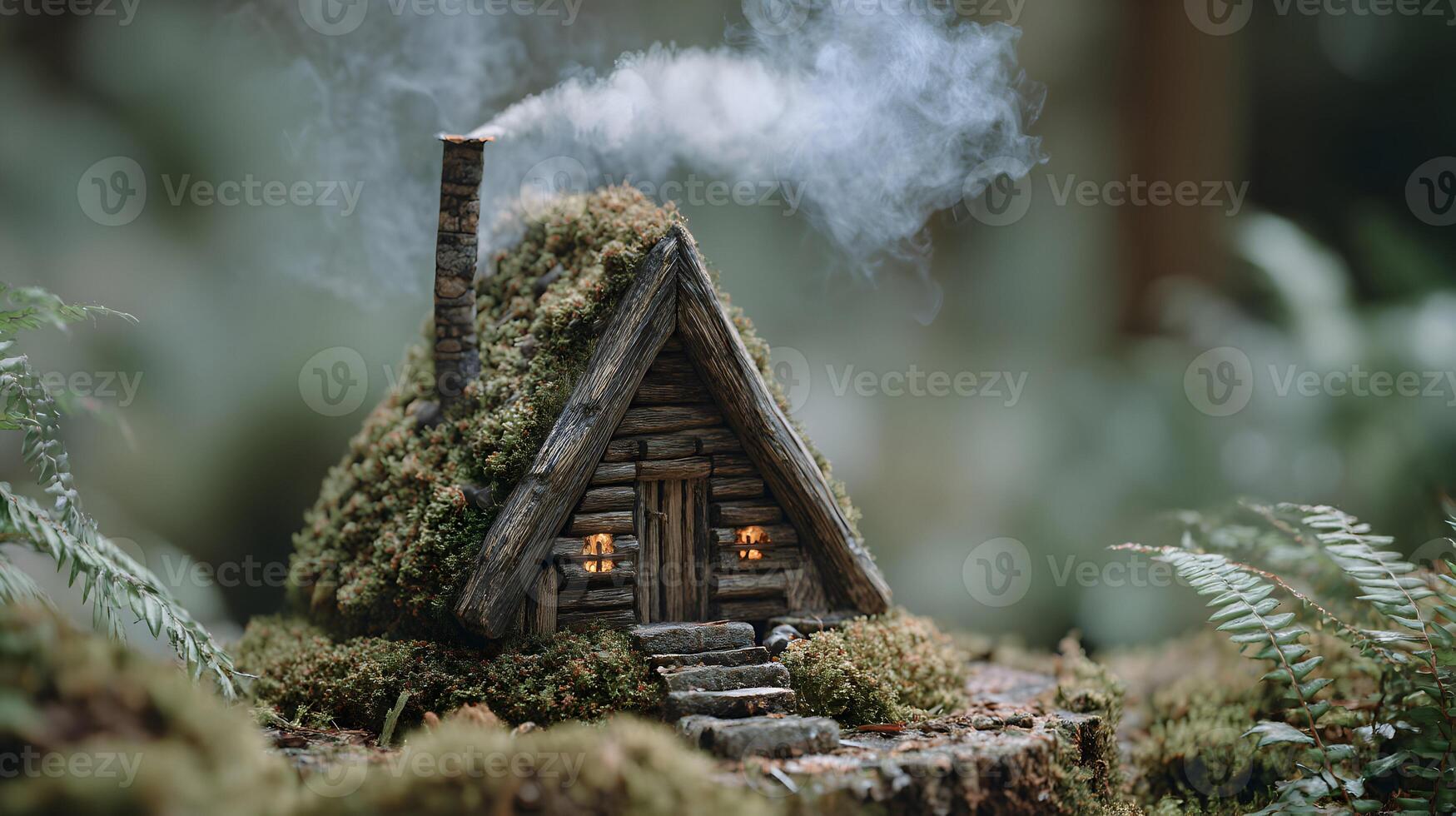 Enchanting miniature log cabin nestled in a lush mossy forest with gentle smoke rising from chimney photo