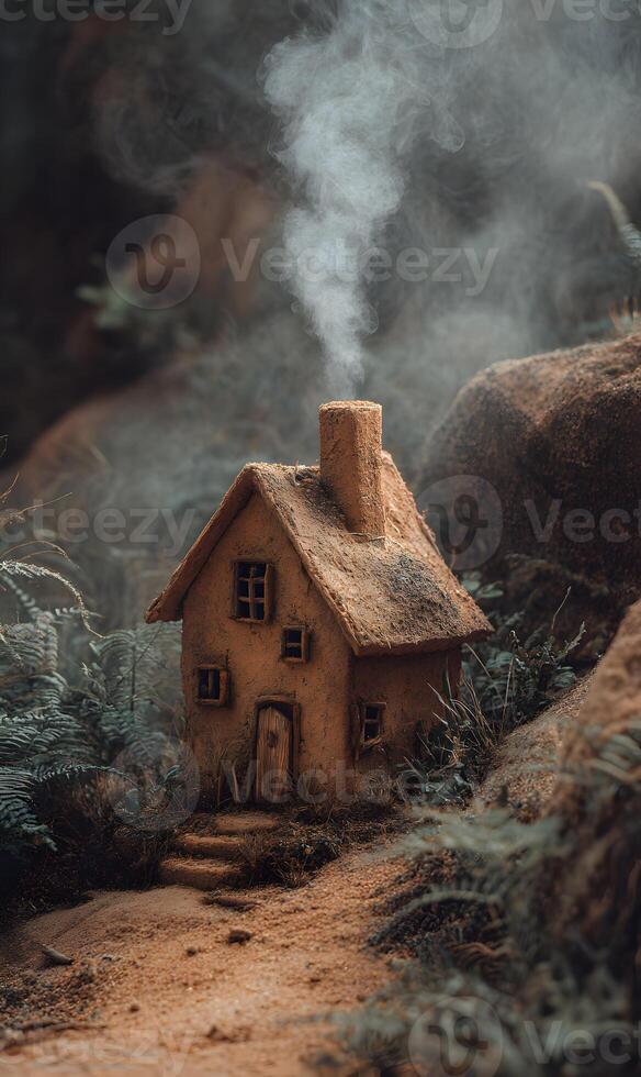 A charming miniature cottage nestled amidst verdant foliage with smoke rising from its chimney creating mystique photo