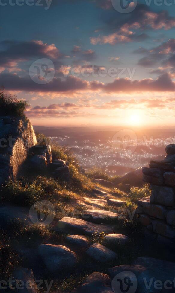 A breathtaking sunrise illuminates a stone pathway leading toward a sprawling city beneath a pastel sky photo