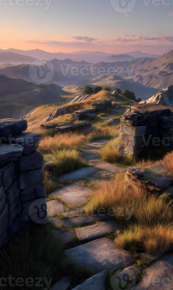 Scenic mountain landscape at dusk with rocky path and distant peaks bathed in soft warm light photo