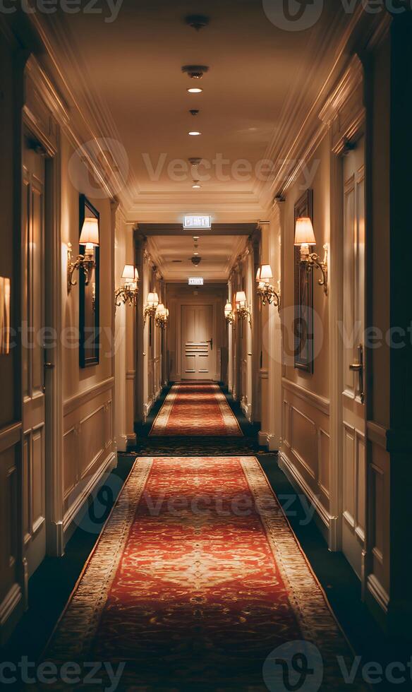 Elegant hotel hallway illuminated with sconces and a rich red carpet creating an inviting ambiance photo