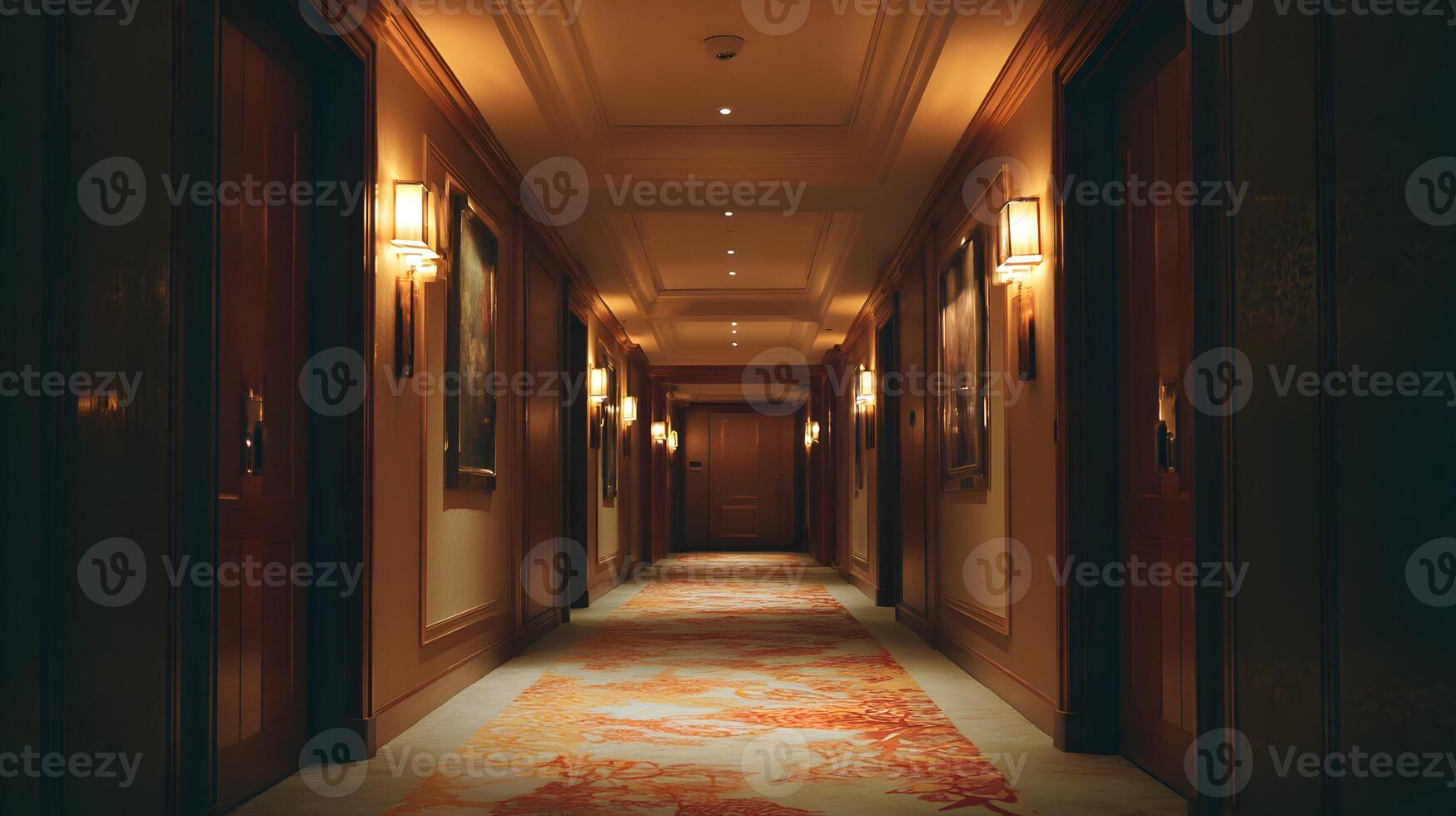 A dimly lit hotel hallway showcases doors lining each side accented with wall sconces and artwork photo
