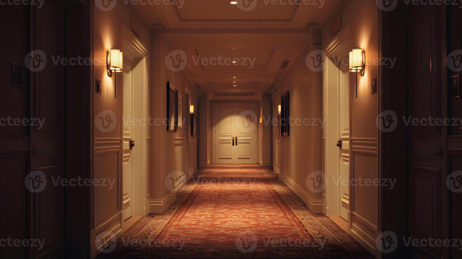 A carpeted hotel hallway illuminated by wall lamps leads to a set of doors at the end photo