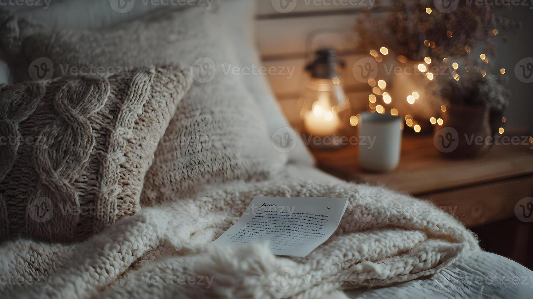 Cozy evening scene with book, pillows, blanket, and warm lights creating a relaxing atmosphere photo