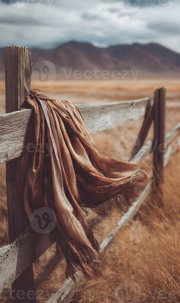 Serene landscape featuring an old wooden fence draped with fabric beneath a cloudy sky backdrop photo
