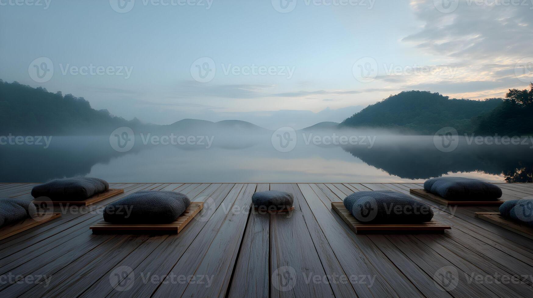 Morning tranquility awaits at lakeside meditation dock, inviting serenity and mindful reflection on water photo