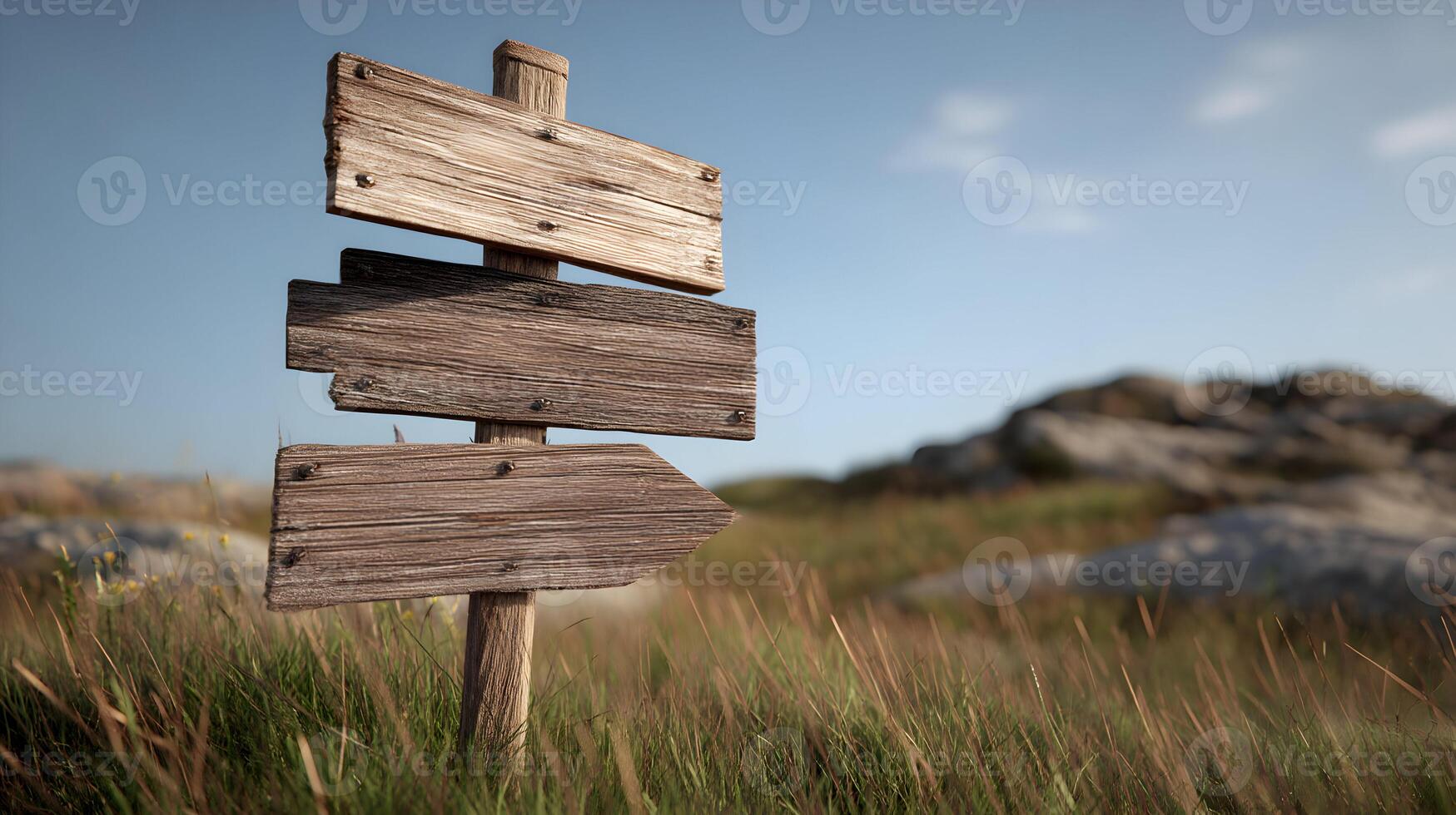 Rustic weathered wooden signpost standing tall in a field against a blue sky backdrop serene journey photo
