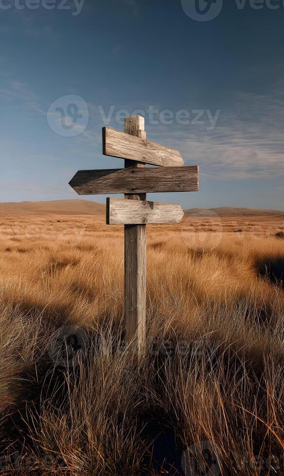 Weathered wooden signpost standing tall in a vast golden field beneath a clear blue sky offering direction photo
